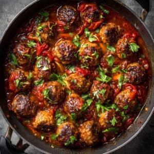 "Swedish meatballs simmering in a rich tomato sauce, garnished with fresh parsley."