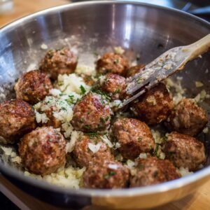 "Meatballs in a mixing bowl with chopped onions and parsley being stirred with a wooden spoon."